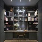 Study In Alcove, Black Painted Wall And Cabinet, Built In Shelves, Marble Table