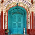 Antique Moroccan Doors In Bright Teal, Red Pillar, Red Pattern On The Arch
