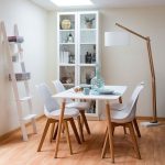 Dining Room, Wooden Floor, Wooden Dining Set With White Dinin Table Wooden Legs, White Chairs Wooden Legs, Wooden Floor Lamp, Whie Cabinet, White Rack