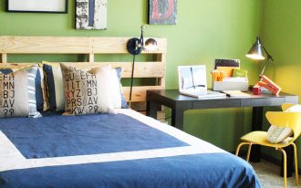 diy headboard wall decor wooden palete headboard blue bedding pillows cream bean bags yellow chair black desk chrome table lamp black wall sconce