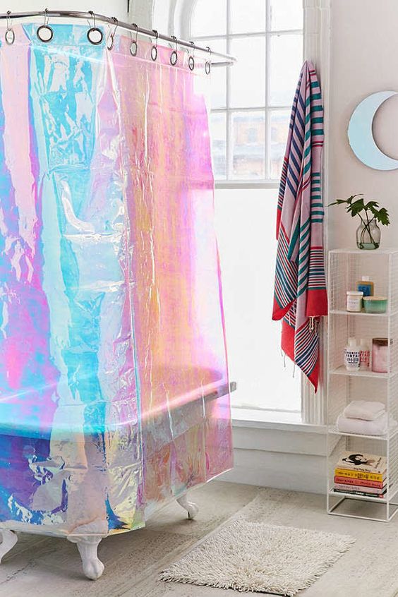 hologram bathroom curtain, wooden floor, white wall, white wired shelves, white tub, glass window
