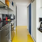 Kitchen, Yellow Seamless Floor, White Wall And Backsplash, Silver Bottom Cabinet, White Upper Cabinet
