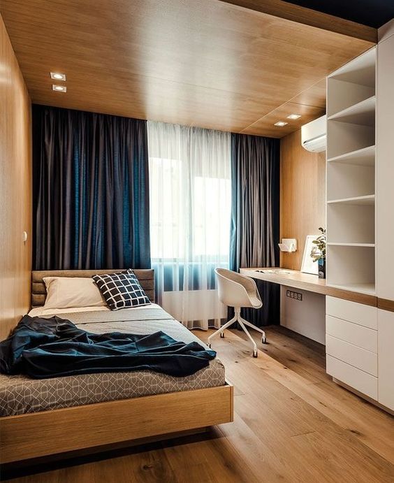 minimalist bedroom, wooden floor, wooden wall, wooden bed platform, white shelves and cabinet, built in floating table, wooden chair
