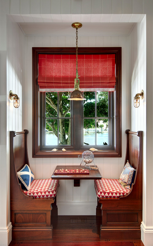 small banquette, brown wooden bench with high back, red cushion, floating brown woden, brown wooden window