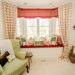 Window Valance Red Valances Patterned Curtains Rattan Baskets Green Armchairs Green And Coral Pillows Window Seat Side Table