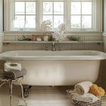 Bathroom, Wooden Floor, White Tub, White Framed Window, White Wooden Wainscoting