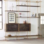 Lanky Golden Metal Shelves With Dark Brown Boards And Cabinet
