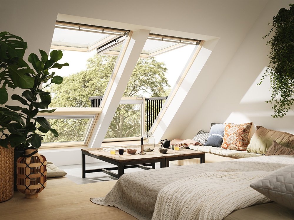 living room balcony, sloping ceiling, white wall, clear glass window, wooden stage, window square coffee table