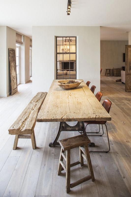 wooden dining table with metal support, wooden bench, wooden stool, brown modern chairs, wooden floor, white wall,