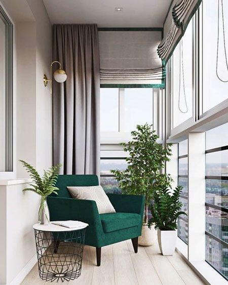 balcony, wooden floor, curtain, green chair, side table, white sconces, white pot