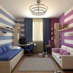 Bedroom, Wooden Floor, White Blue Striped Wall, Purple White Striped Wall, Blue Curtain, Bed Platform With Drawers, White Sofa, Grey Rug, Chandelier, Floating Shelves, Shelves