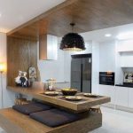 Floating Wooden Kitchen Island From The Ceiling, Wooden Platform With Cushion, White Floor, White Cabinet