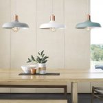 Modern Pendant With Blue And White, Wooden Table, White Wall