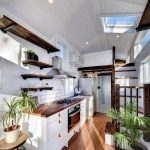 Tiny House, Wooden Floor, White Wall, White Subway Backsplash, Floating Shelves, White Wooden Stair, Bedroom Upstairs, Bathroom At The End, Glass Ceiling