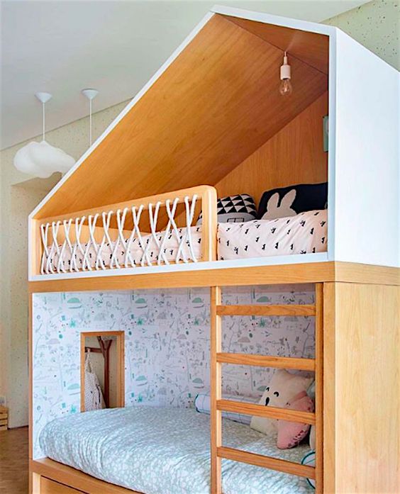 wooden bunk bed, closed box, roof on top, wooden fence with rope, vertical stairs