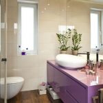 Bathroom, Wooden Floor, White Wall, Purple Wooden Cabinet, Large Mirror