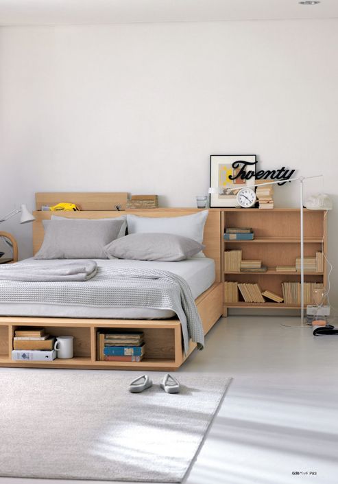 bed platform with shelves, additional shelves on the side, grey bedding, wooden material, grey seamless, grey rug