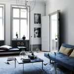 Living Room, Blue Rug, Blue Modern Bench, Grey Wall, Blue Leather Bench, Black Coffee Table