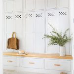 Mudroom, White Stone Floor, White Cupboard, White Drawers, Wooden Bench