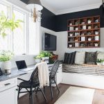 Working Space, Wooden Floor, White Black Wall, Glass Table, White Cabinet, Black Rattan Chair, Grey Pendant, White Bench, Stripe Cushion, Floating Shelves