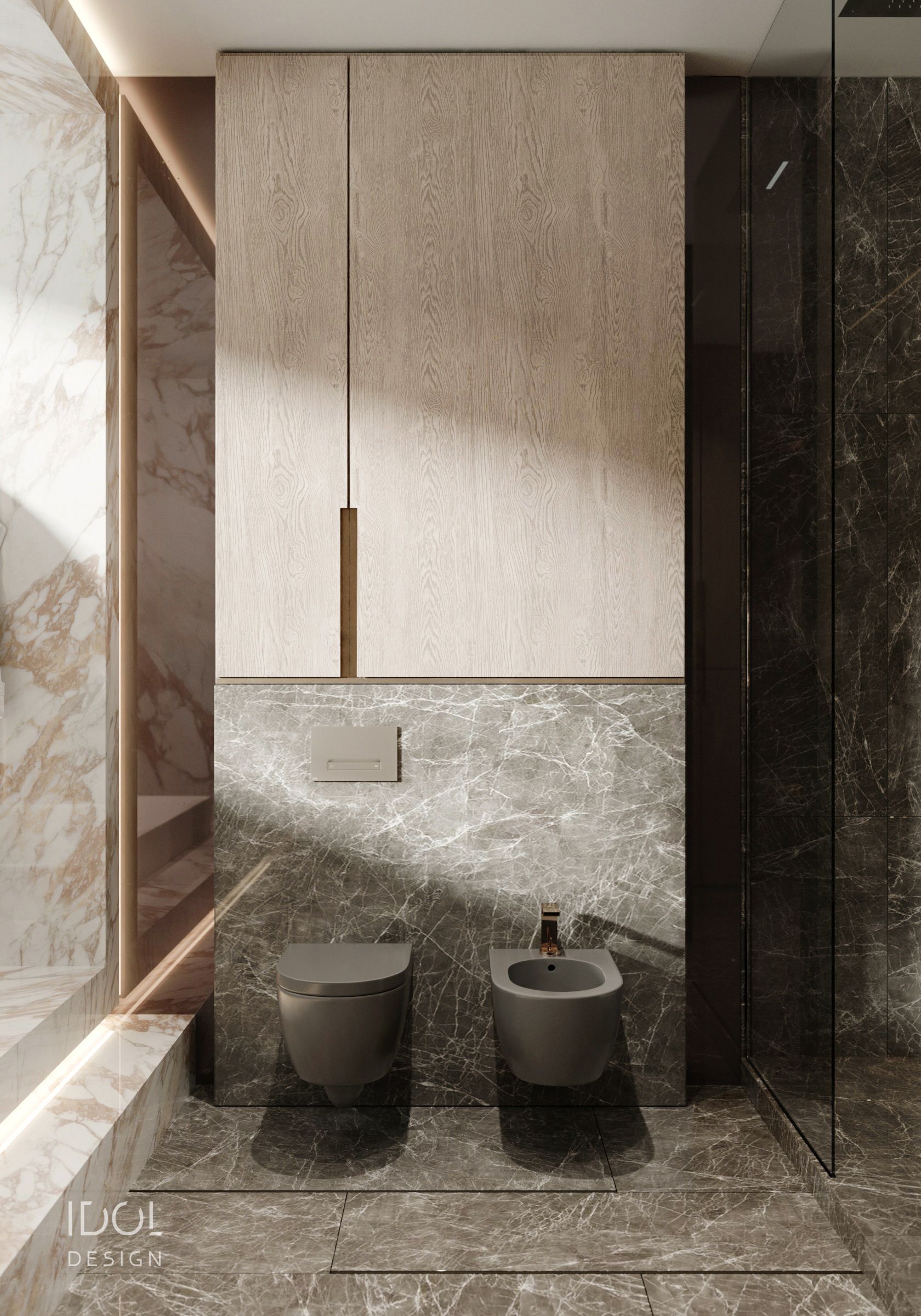 bathroom, grey marble on the floor, white marble on the wall, floating grey toilet, floating grey sink