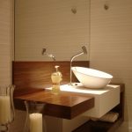 Bathroom, Wooden Floating Vanity, White Sink, Neutral Wooden Wall