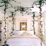 Bed Frame With Twited Leaves, Cream Wall, White Floor, White Bed