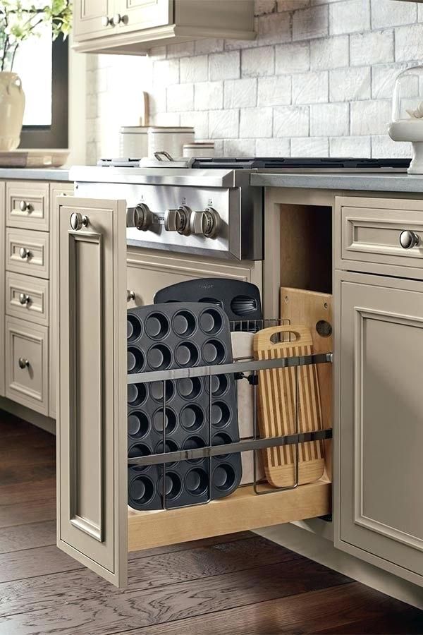 grey kitchen cabinet, sliding storage, vertical storage, black counter top