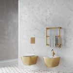 Bathroom, White Marble Wall, Golden Floating Toilet, Golden Floating Sink, Golden Rod