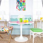 Breakfast Nook, White Green Striped Sofa, Colorful Stool With Golden Legs, Green Cushioned Stool, White Pink Tulip Table