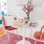 Breakfast, Wooden Floor, Pink Patterned Rug, White Marble Round Table, Pink Velvet Chairs