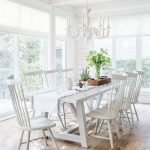 Dining Room, Wooden Floor, White Wooden Wall, White Wooden Dining Set, White Chandelier