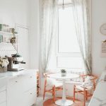 Dining Set, White Tiny Floor Tiles, White Cabinet, White Marble Top, White Wall, White Built In Bench, Orange Chairs