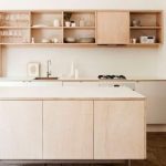 Kitchen, Brown Marble Floor, Light Wooden Cabinet, White Backsplash, Wooden Shelves