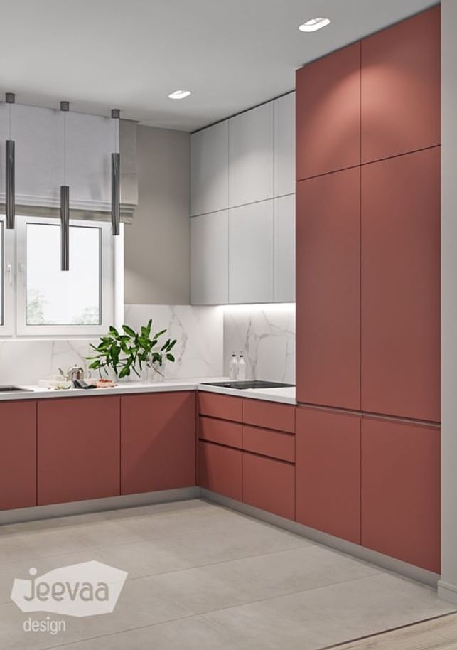 kitchen, white floor, white marble backsplash, white top cabinet, pink cabinet