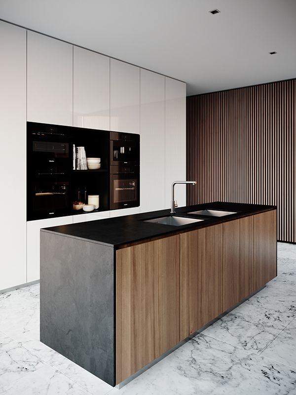 kitchen, white marble floor, white kitchen cabinet, wooden black island with black marble counter top