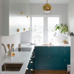Narrow Kitchen, Wooden Floor, Green Cabinet, White Wall, White Cabinet, Glossy Pendant, White Marble Counter Top