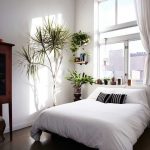 Bedroom, Wooden Floor, White Wall, White Bedding, White Curtain, Plants On Floating Shelves