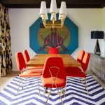Dining Room, White Blue Striped Zigzag, White Wall, Patterned Curtain, White Chandelier, Brown Dining Table, Orange Chairs, Grey Cabinet, Black Table Lamp