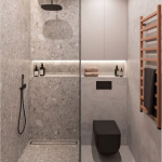 Small Bathroom, Grey Marble Floor And Wall In Shower Area, Grey Floor And Wall In Toilet Area, Black Toilet, Wooden Rack