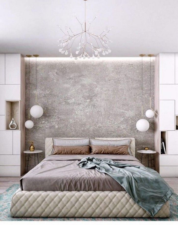 bedroom, grey wall nook, white pendants, white cabinet, side table, chandelier