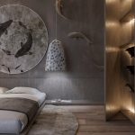 Bedroom, Wooden Floor, Grey Wall, Wooden Wall, White Pendants, Wooden Bed Platform