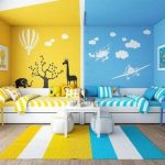 Kid Room, Blue Side With Blue Wall, Yellow Side With Yellow Wall, White Bed Platform, Blue Side Table, Yellow Side Table