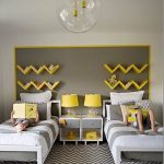 Kid Room, White Wall, Grey Accent Wall With Yellow Zigzag Floating Shelves, White Grey Beds With White Side Tables, Yellow Table Lamp, Clear Glass Pendants