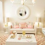 Living Room, Patterned Rug, White Wall, Traditional Pendant, White Coffee Table, White Sofa, White Side Table,