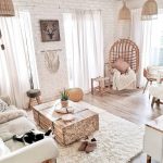 Living Room, Wooden Floor, White Rug, White Sofa, White Exposed Wall, Rattan Chair, Rattan Swing, Wooden Coffee Table