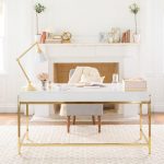 Long White Desk With Golden Lines, White Chair, White Rug, Wooden Floor, White Wall, White Gold Table Lamp