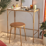 Thin Golden Table With Glass Top, Copper Stool, Small Mirror