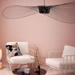 White Framed Chair, White Cushion, Black Large Pendant, Black Round Coffee Table, Pink Shiplash, Pink Seamless Floor