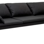 Black Leather Sofa With Loose Back Cushions, Toss Pillows And Thin Line Seat Cushions And Stainless Steel Legs